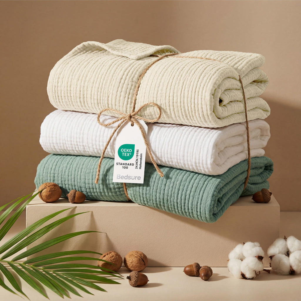 Bedsure 100% Cotton Muslin Blanket Queen Size for Bed - 4-Layer Breathable and Lightweight Thin Soft Summer Gauze Muslin Blankets for Adults, Grey, 90x90 Inches