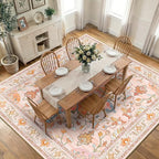 RELEANY Area Rugs Square 10ft Washable Non-Slip, Floral Vintage Distress Print Pattern Medallion Carpet for Living Room Bedroom Dining Room, Light Pink Colorful