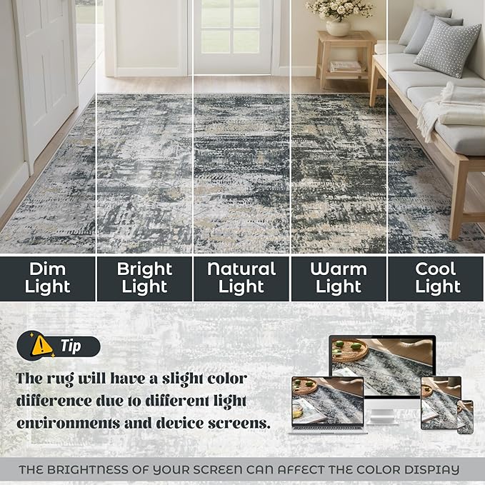 XLUEZ 8x10 Area Rugs for Living Room, Washable Modern Abstract Large Area Rug Neutral Soft Non Slip Kids Rug Stain Resistant Indoor Carpet for Bedroom Nursery Dining Room Office(BlackGreyGold, 8'x10')