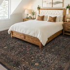 Vintage Washable Dark Brown Rugs for Living Room, 8x10 Area Rugs for Dining Room Under Table, Bedroom, Black Brown Deep Olive Taupe Espresso Accent Floral Carpet Non-Slip, Low Pile Stain Resistant