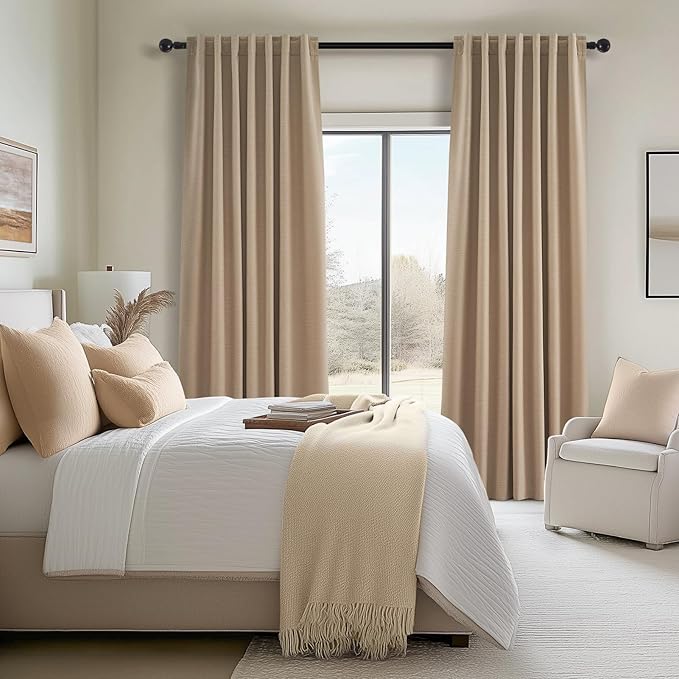 Topfinel Light Taupe Blackout Textured 90 Inch Long Linen Blend Curtain Draperies Pinch Pleat Back Tab with Hooks Energy Saving Thermal Insulated Curtains for Living Room (2 Panels,W 52 x L 90 Inch)