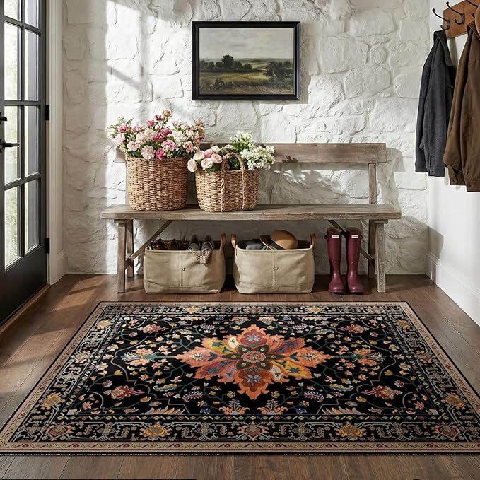 Area Rugs 3'x5' Washable Non-Slip, Floral Vintage Distress Print Pattern Medallion Carpet for Living Room Bedroom Dining Room, Black Colorful Floral Dark Tan