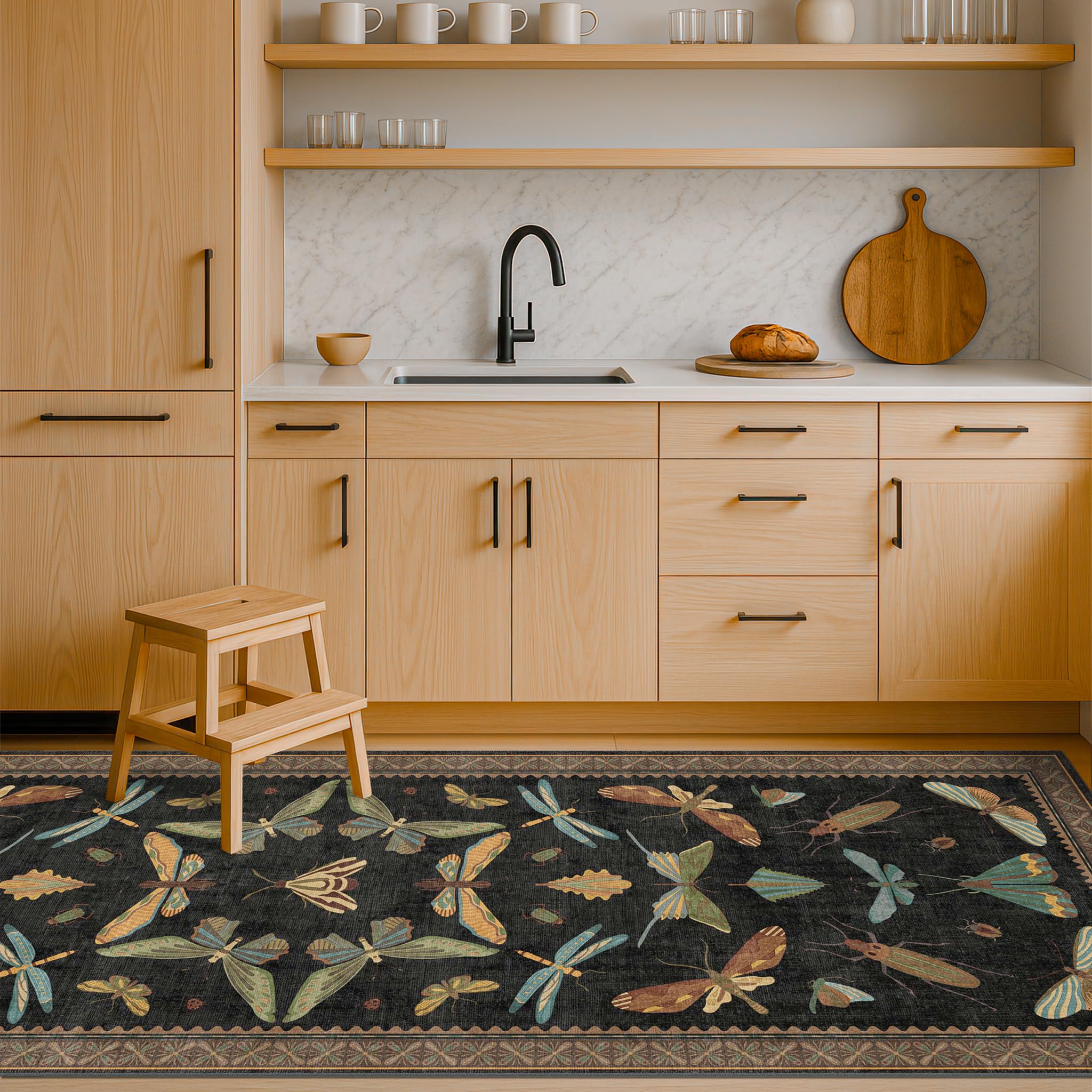 2x5 Black Washable Kitchen Runner Rugs Non Skid Washable - Gothic Runner Rug for Entryway, Kitchen, Insect Print Stain Resistant Indoor Décor