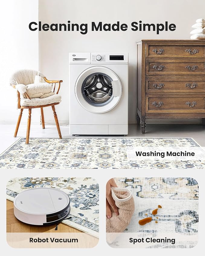 AMADA HOMEFURNISHING Washable Area Rug, Low-Profile Large Area Rug with Non-Slip Backing & Durable Edge Binding, Vintage Large Rugs for Living Room, Bedroom, Dinning Room (8x10,Blue/White)