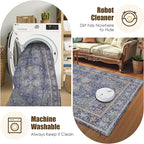 Washable Area Rug 9' x 12' Vintage Traditional Persian Mat - Foldable Distressed Non-Slip Machine Washable Carpet for Living Room Bedroom Kitchen Home Decor - Indigo and Gold