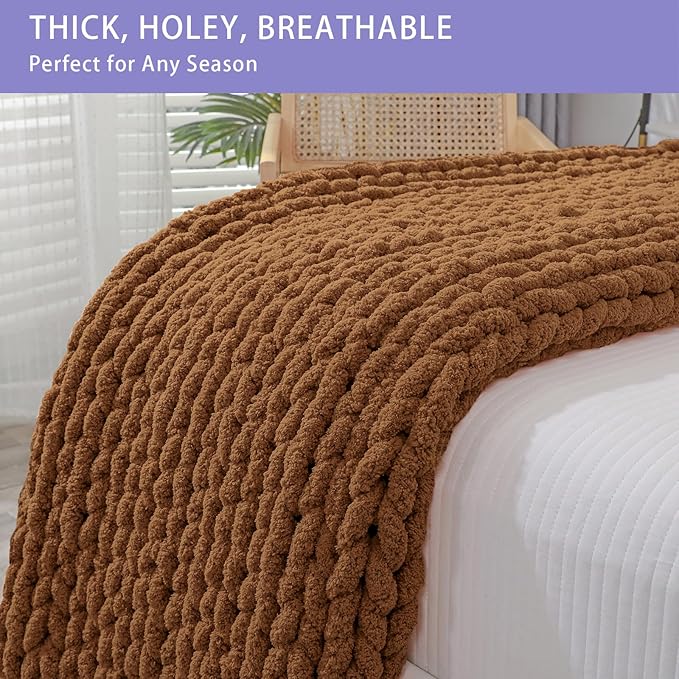 Bigacogo Chunky Knit Throw Blanket for Couch, 51x63 inches, Caramel