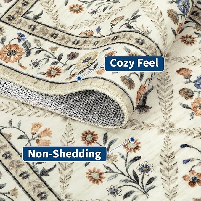 GarveeHome Washable Kitchen Runner 2x6 Non-Slip Floral Carpet Runner for Entryway Indoor Ultra Soft Stain Resistant Long Rugs Farmhouse Floor Mat for Hallways Laundry Bedroom Beige