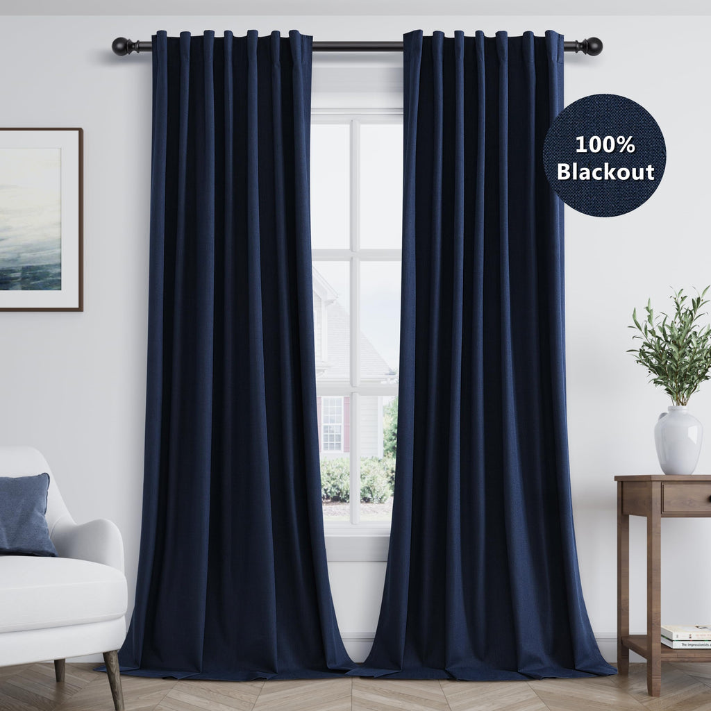 Guken Navy Blue 100% Blackout Curtains 108 Inch Length 2 Panels Set for Living Room Bedroom Back Tab Thermal Insulated Black Out Linen Drapes Room Darkening Window Curtains 108 Inches Long