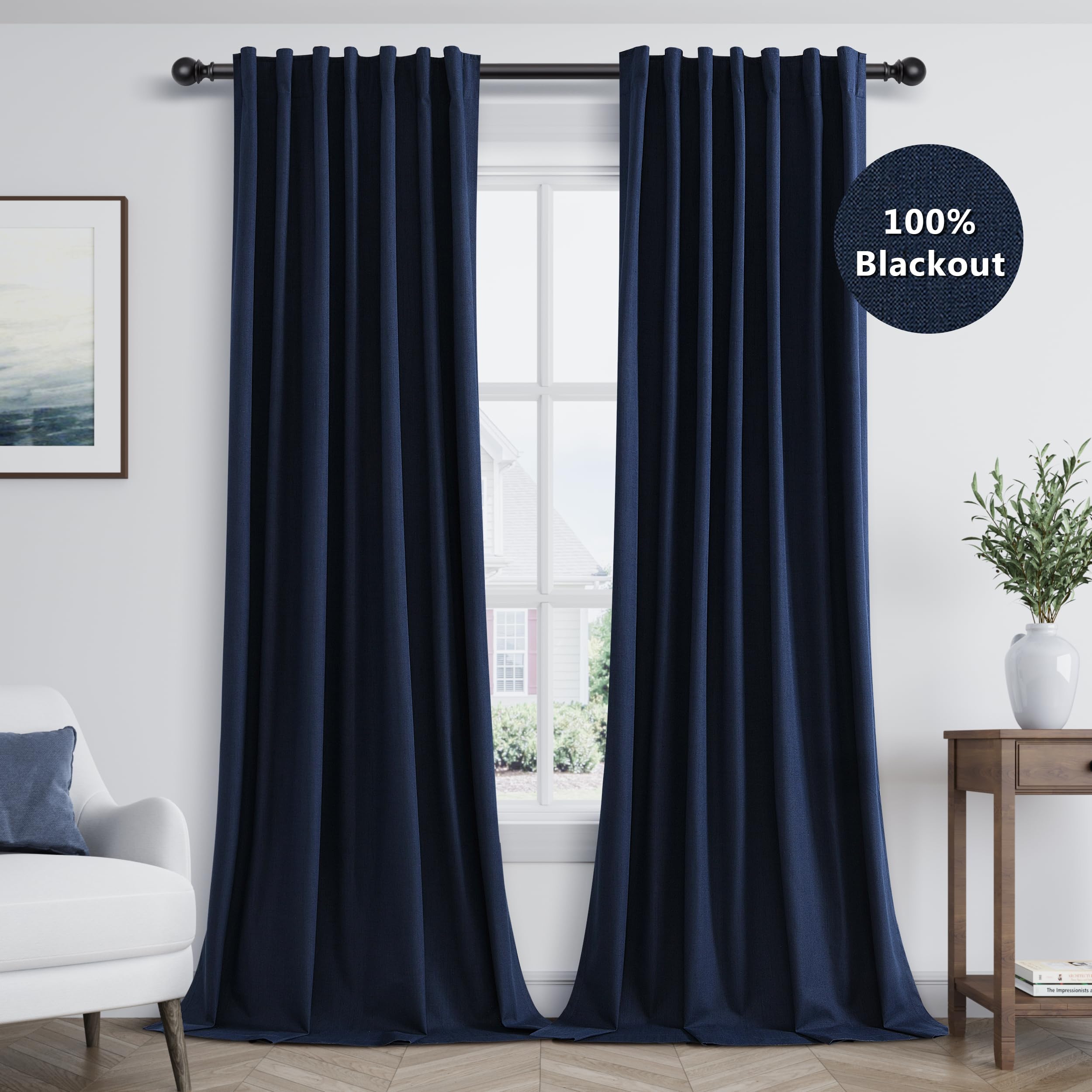 Guken Navy Blue 100% Blackout Curtains 108 Inch Length 2 Panels Set for Living Room Bedroom Back Tab Thermal Insulated Black Out Linen Drapes Room Darkening Window Curtains 108 Inches Long