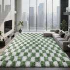 Large Area Rugs for Living Room Bedroom,9x12 Green and White Fluffy Soft Checkered Rug Fuzzy Shag Shaggy Carpet, Indoor Plush Floor Rugs for Kids Boys Girls Teen Dorm Nursery Home Decor