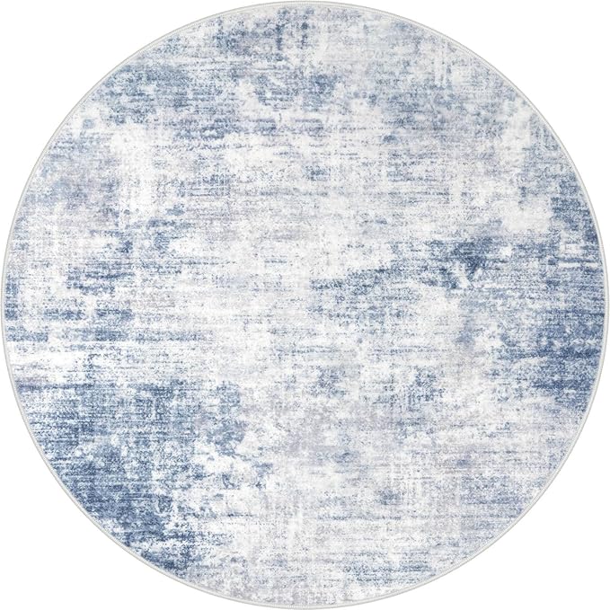 IOHOUZE Abstract Round Area Rug 6 Ft Washable Circle Rugs Large Round Rug Non Slip Thin Soft Circle Rugs, Printed Faux Wool Floor Carpet for Bedroom Living Room Dining Room Nursery, Light Blue Grey