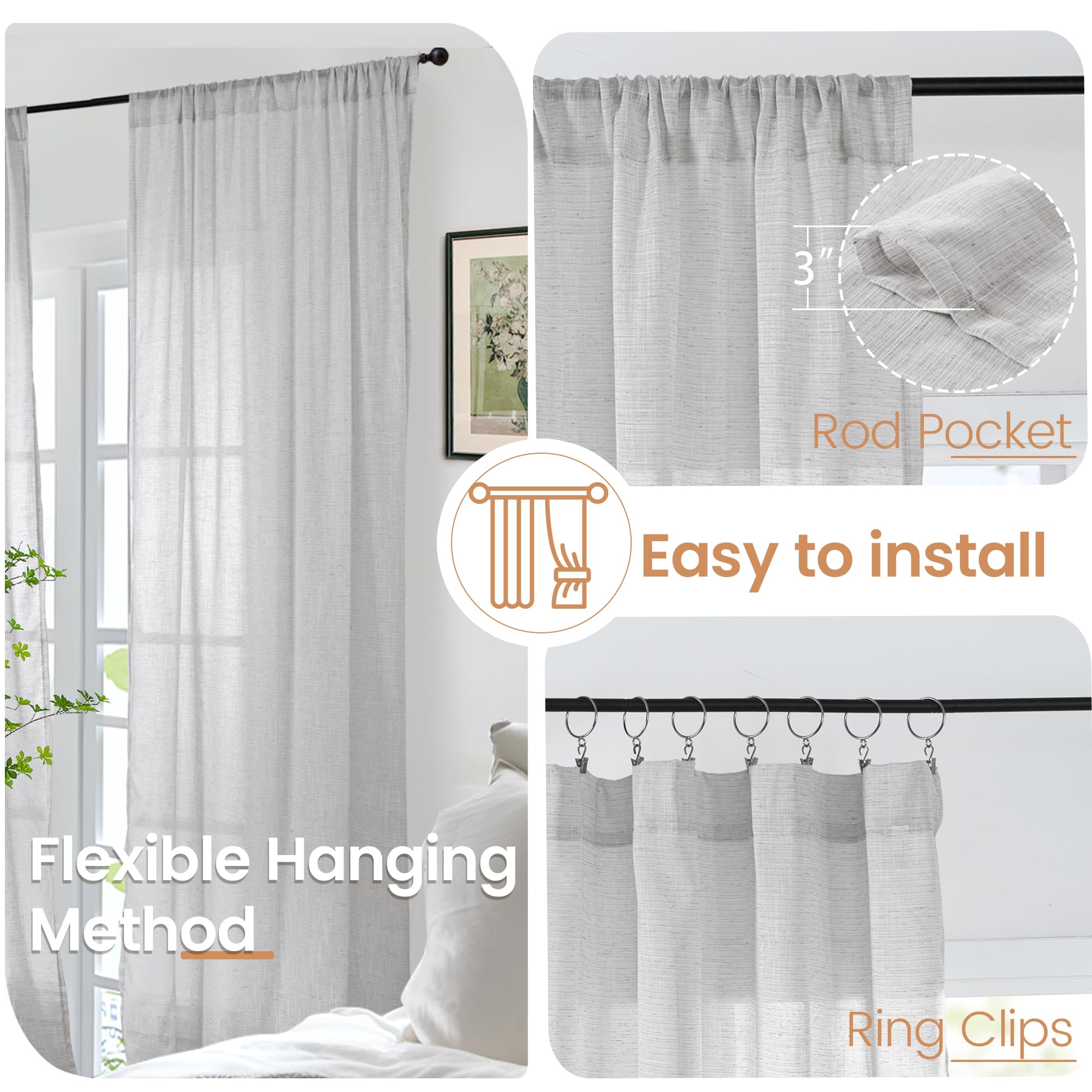 BGment Light Grey Linen Semi Sheer Curtains 63 Inches Long for Living Room - Rod Pocket Light Filtering Window Drapes Natural Textured for Bedroom Lightweight Rustic, 2 Panels Set, 52 X 63 Inch