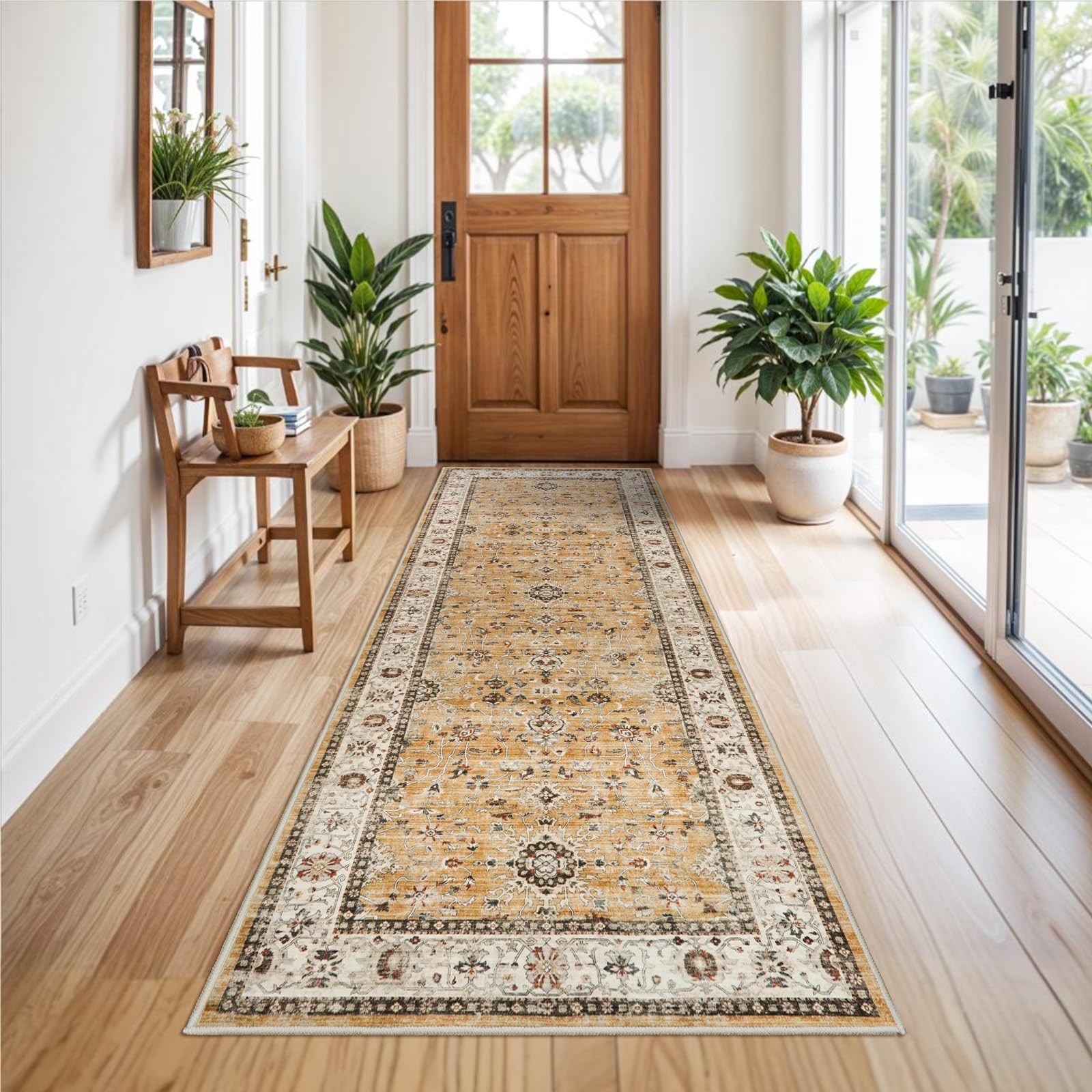 Washable Runner Rug 3x8 - Hallway Runner Rug Kitchen Rugs and Mats Non Skid Washable Waterproof Carpet Runner for Living Room Bedroom Bathroom (Gold, 3X8)