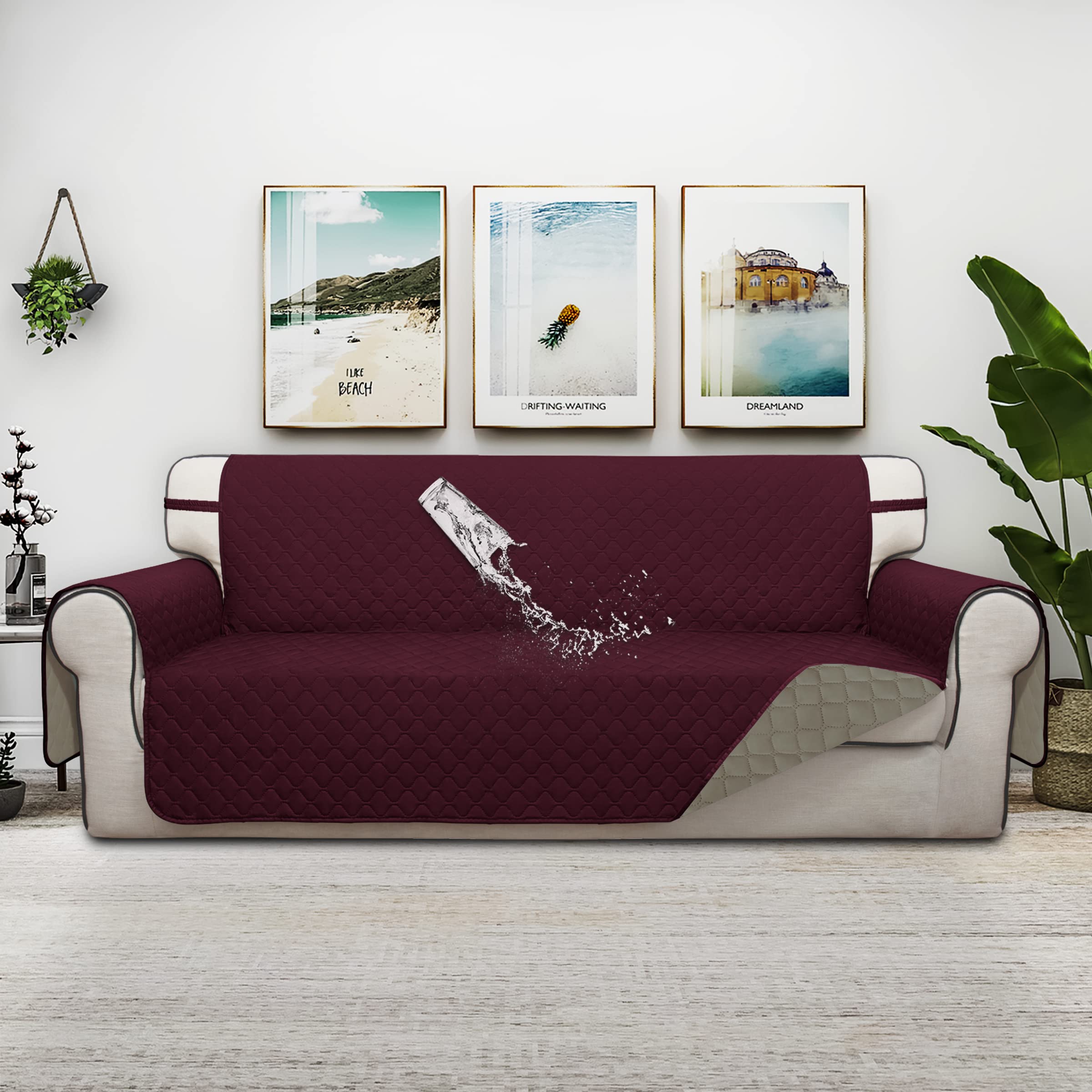 ISSUNTEX Double Protection 100% Waterproof Sofa Covers for Living Room, Couch Covers for 3 Cushion Couch Sofa, Reversible Furniture Protector Sofa Cover for Dogs, Pets, Kids (Sofa, Wine/Beige)