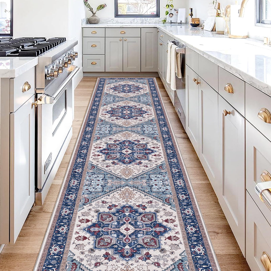 OPPODREAM Soft Area Rugs 2x10, Persian-Inspired Washable Rug, Blue & Red