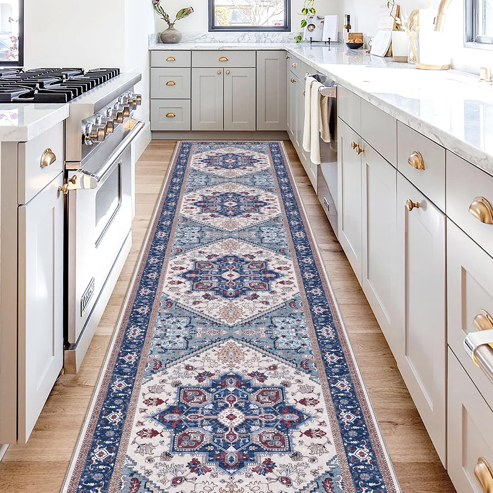 OPPODREAM Soft Area Rugs 2x10, Persian-Inspired Washable Rug, Blue & Red