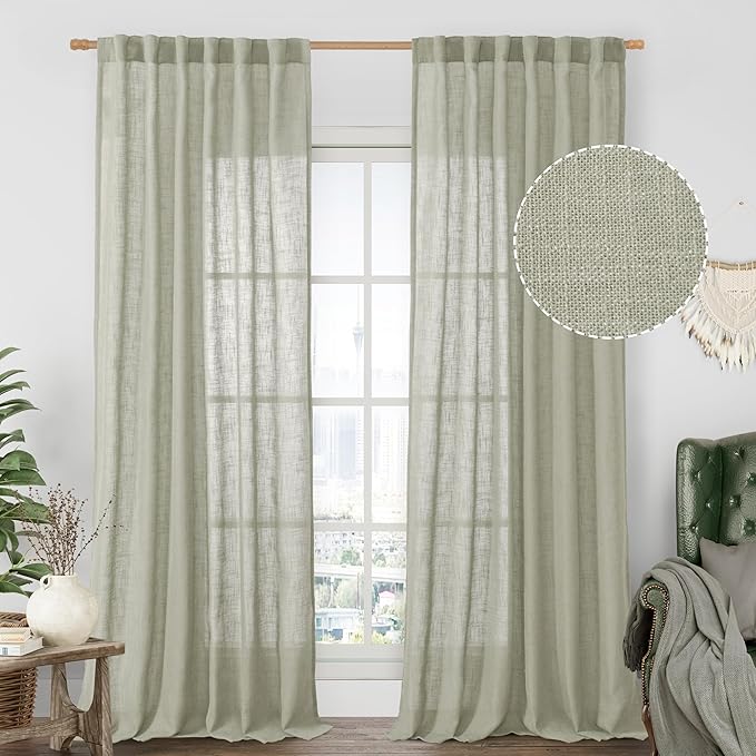 LAMIT Sage Grey Linen Curtains 90 Inch for Living Room, Semi Sheer Panels