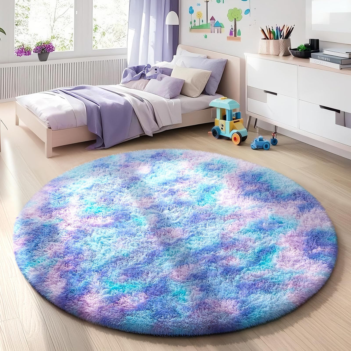 Ophanie Round Rug 4Ft White Circle Area Rug, Aesthetic Room Decor, Fluffy Fuzzy Bedroom Carpet, Plush Soft Shaggy Living Room Rugs for Kids Home, Nursery with 99 pcs Pile fibers