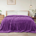Exclusivo Mezcla Queen Size Flannel Fleece Blanket, Super Soft Striped Jacquard Bed Blanket, Lightweight Fuzzy Cozy for All Seasons, 90x90 Inches, Purple
