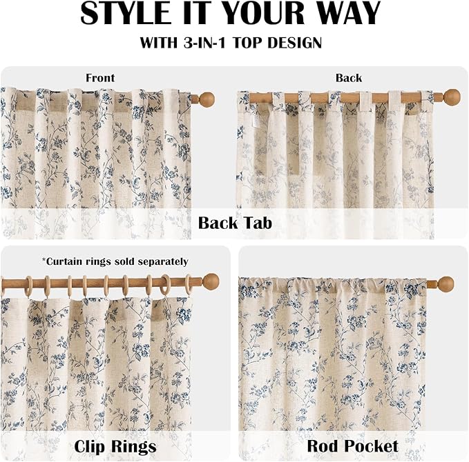 Lazzzy Blue Floral Linen Curtains 84 Inch Length Farmhouse Curtain Back Tab Drapes for Living Room Bedroom Light Filtering Vintage Rod Pocket Curtains, 2 Panels, Blue on Beige