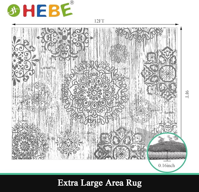 HEBE Area Rug for Living Room 9'x12', Washable Non Slip Boho Bedroom Rug
