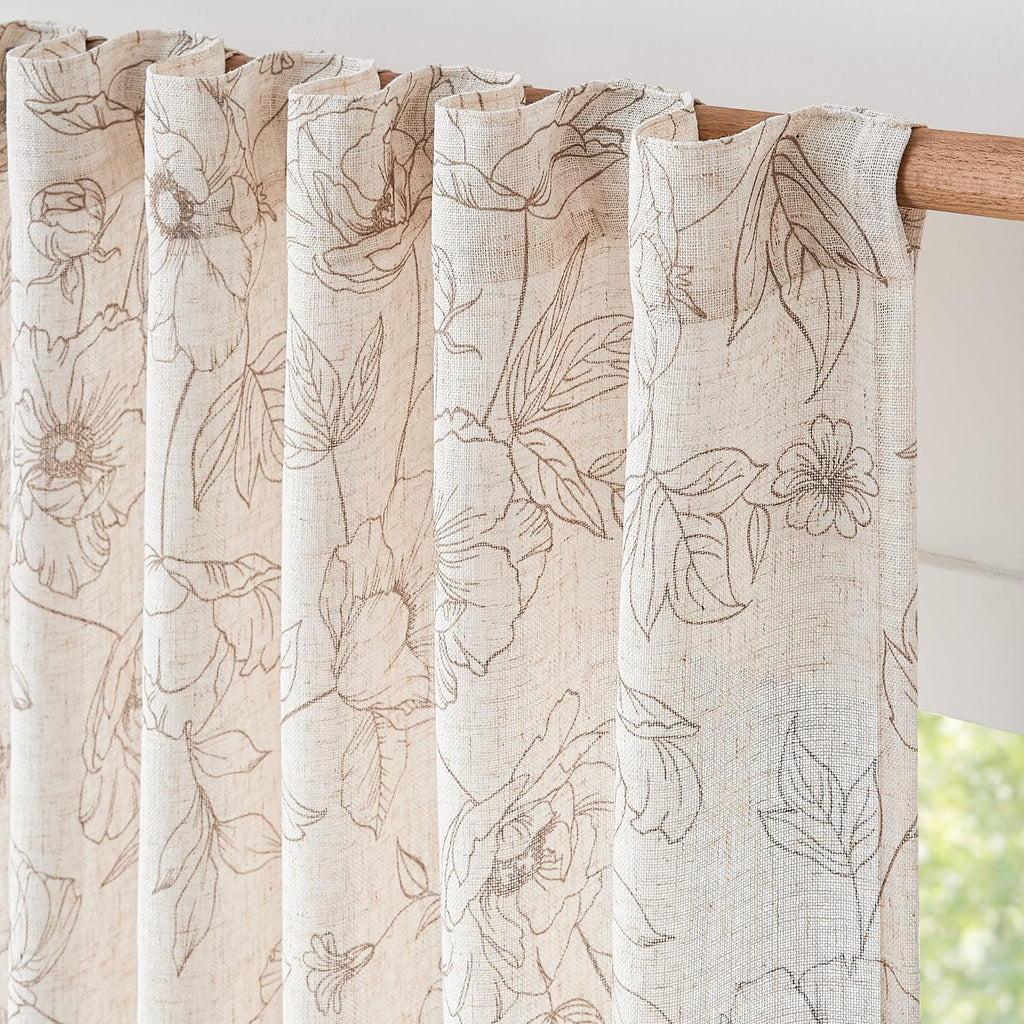 jinchan Floral Linen Curtains for Living Room 96 Inch Length Taupe Flower Curtain Rod Pocket Back Tab Farmhouse Curtains with Printed Floral Bedroom Window Curtain Set, 2 Panels Taupe