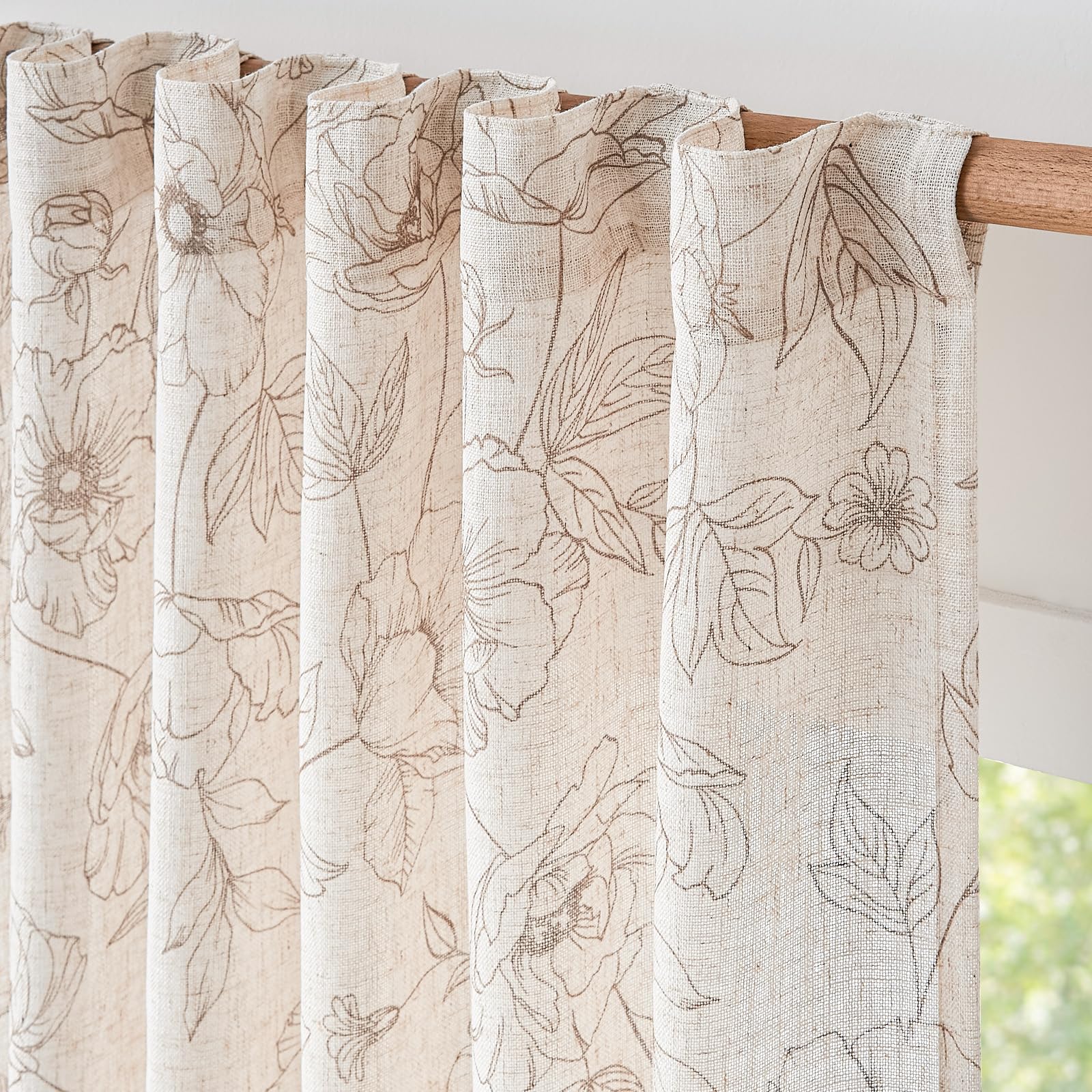 jinchan Floral Linen Curtains for Living Room 96 Inch Length Taupe Flower Curtain Rod Pocket Back Tab Farmhouse Curtains with Printed Floral Bedroom Window Curtain Set, 2 Panels Taupe