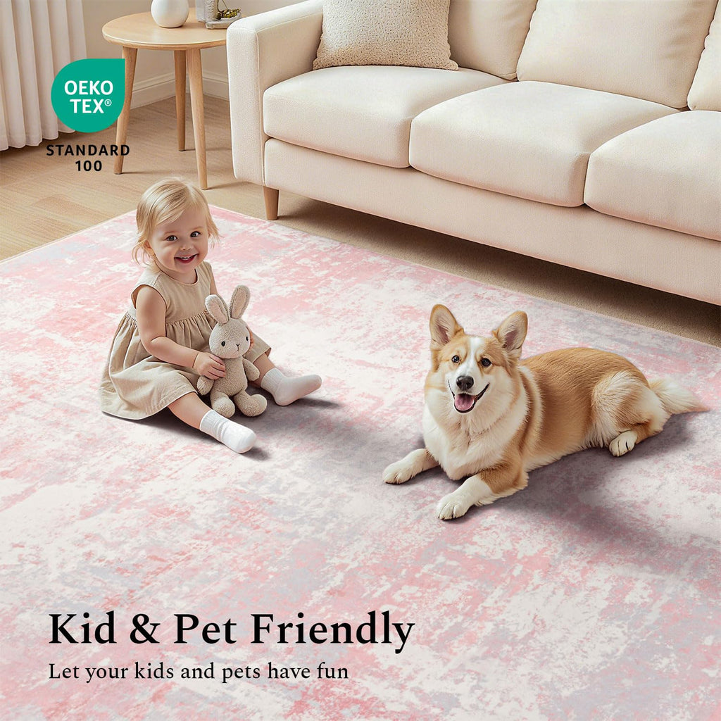 Rugflix 8x10 Area Rugs for Bedroom, Washable Pink Large Rug