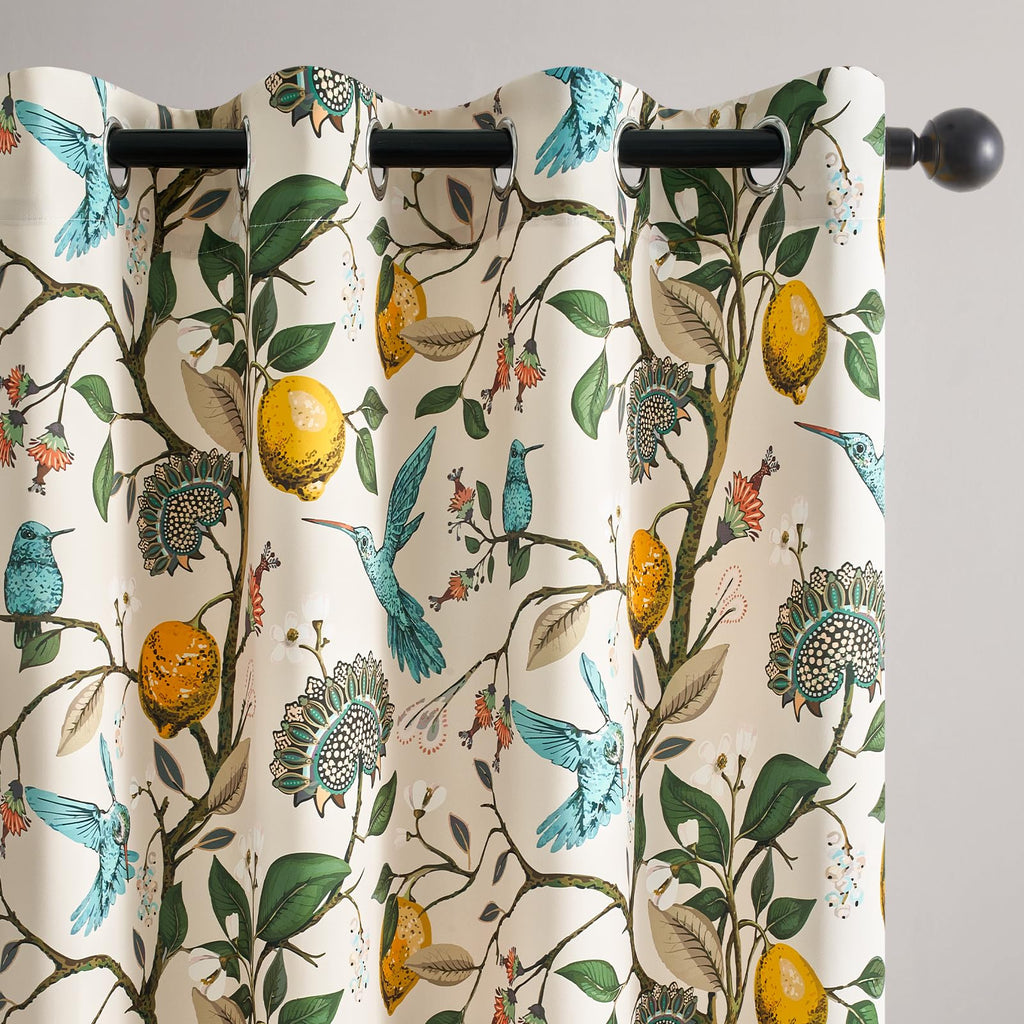 Topfinel Kitchen Curtains 45 Inch Length Beige Vintage Blackout Curtains for Cafe Kitchen Short Grommet Luxury Whimsical Floral Hummingbird Patterned 45 Inches Long for Living Room Bedroom