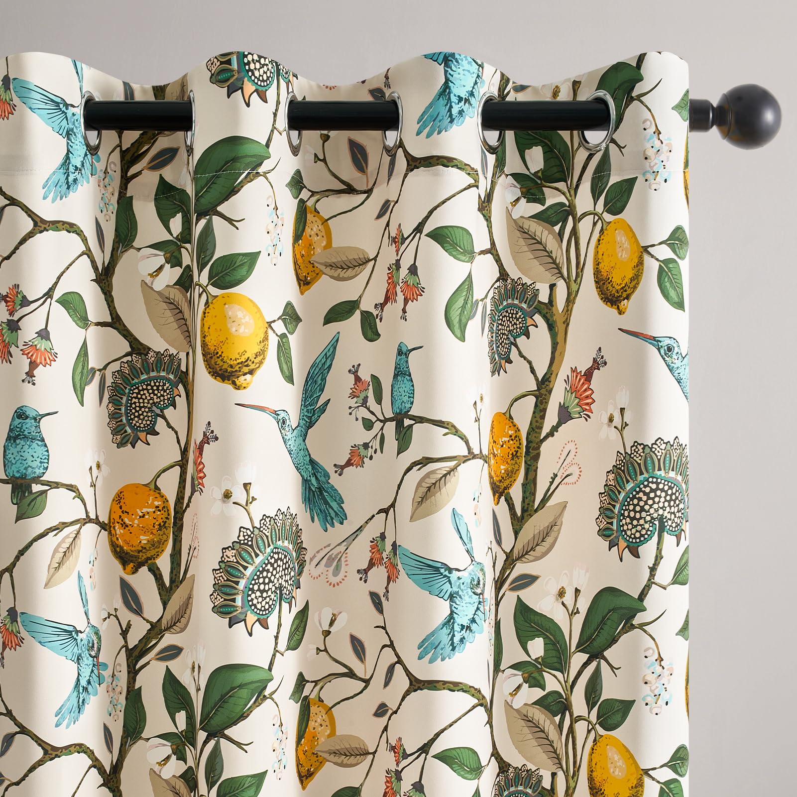 Topfinel Kitchen Curtains 45 Inch Length Beige Vintage Blackout Curtains for Cafe Kitchen Short Grommet Luxury Whimsical Floral Hummingbird Patterned 45 Inches Long for Living Room Bedroom