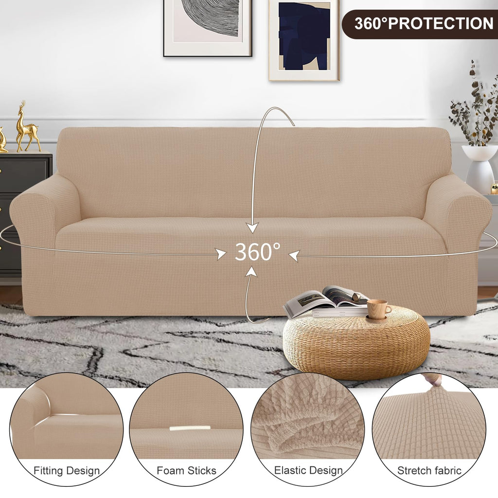 U-NICE HOME 4 Seater Stretch Couch Cover for 3 Cushion Sofa, Camel
