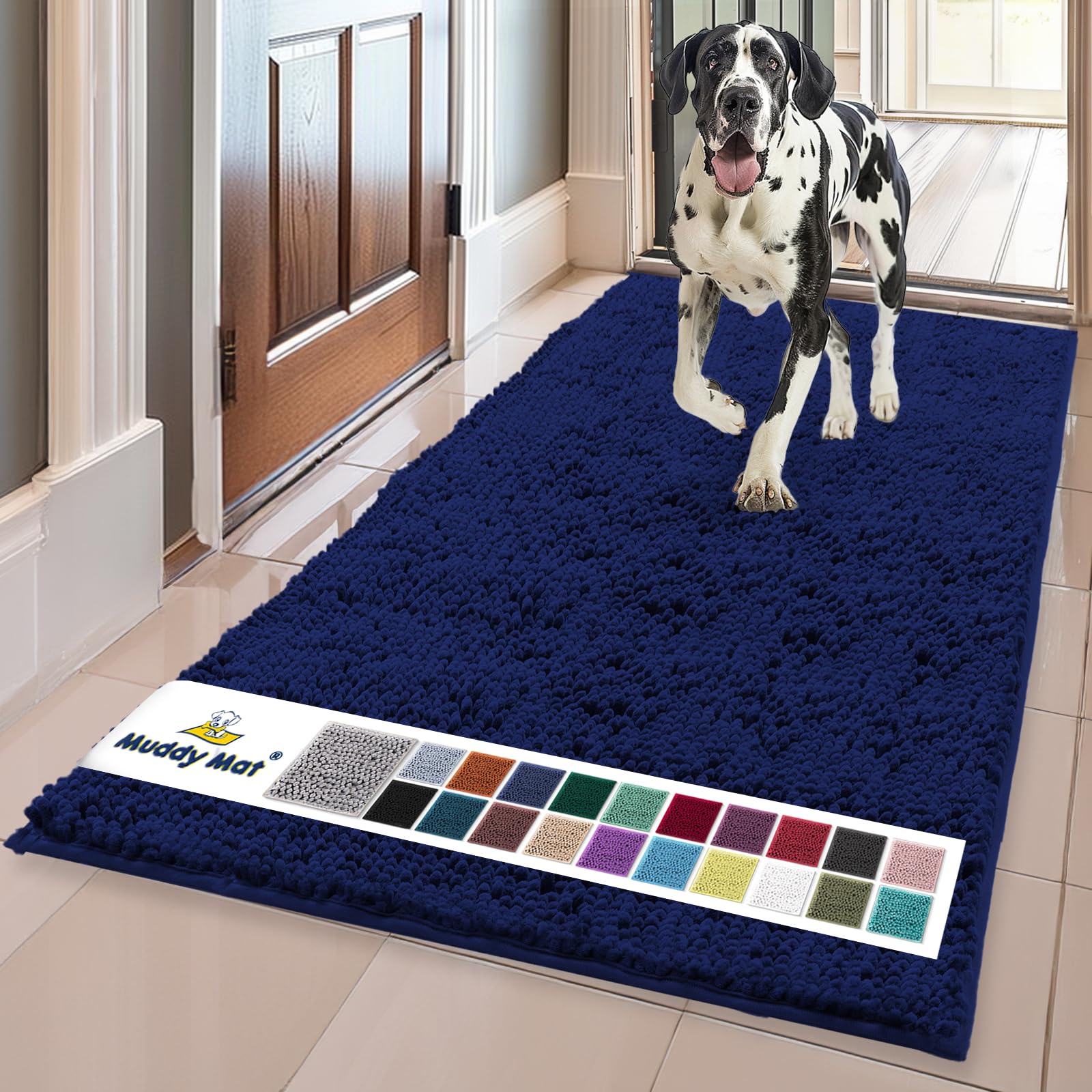 Muddy Mat® | Super Water Absorbent Door Mat Indoor, Microfiber Quick Dry Chenille Entryway Rug, Slip Resistant Front Door Mat, Indoor Mats for Entryway, Machine Washable Pet Rug, Navy Blue 24"x72"
