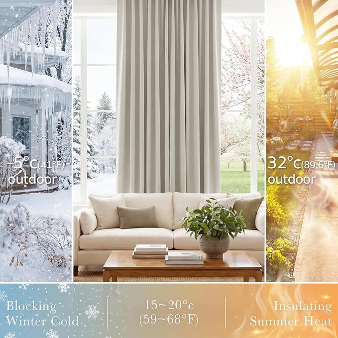 PONY DANCE Blackout Curtains Thermal Insulated Window Treatment Panels Room Darkening Blackout Drapes for Living Room Back Tab/Rod Pocket Bedroom Draperies (2 Panels, Cream, 52 x 84 Inch)