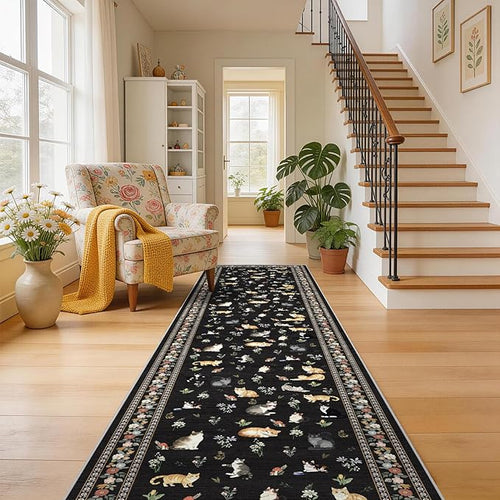 2x10 Washable Hallway Runner Rug: Floral Cat Print Low Pile Rug Black