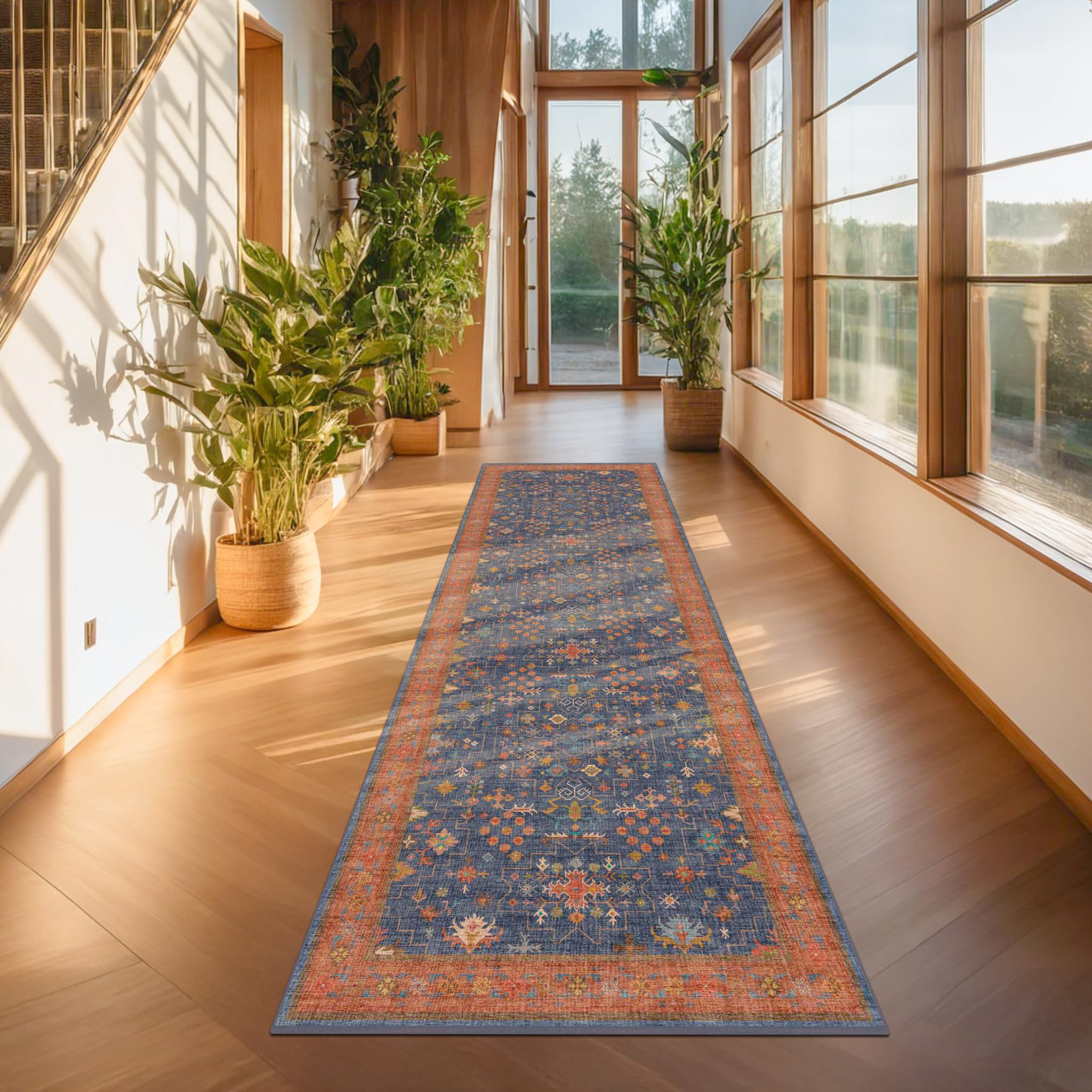 Washable 8 ft Long Runner for Kitchen Floor - Navy Blue Hallway Runner Rug, Pet Friendly Waterproof Non Slip with Rubber Backing, Stain Resistant Laundry Room Rug (2'6"x8' Navy Blue & Terracotta)