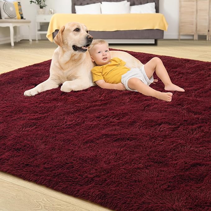 Tepook Fluffy Burgundy Rugs for Living Room, 6x9 Dark Red Area Rug for Bedroom, Soft Shaggy Plush Floor Carpet for Kids Girls Boys Room, Indoor Non Slip and Washable Carpets for Nursery Home Decor