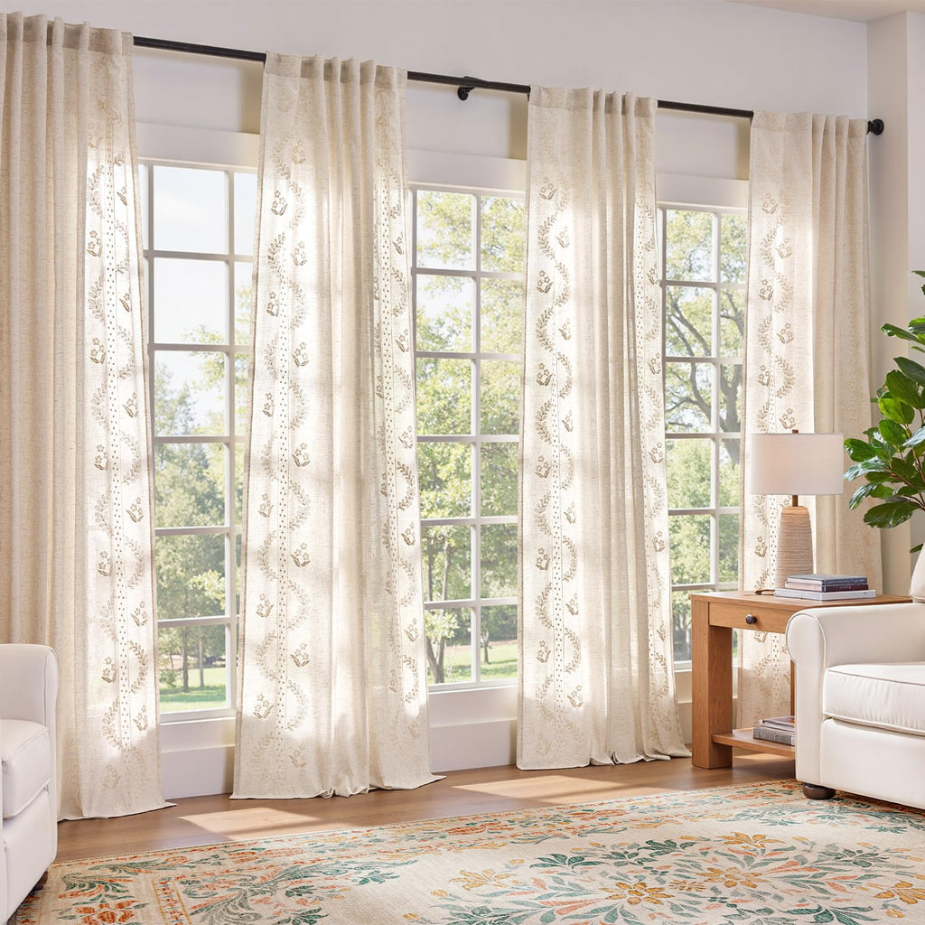 jinchan Floral Linen Curtains 84 Inch Farmhouse Back Tab 2 Panels