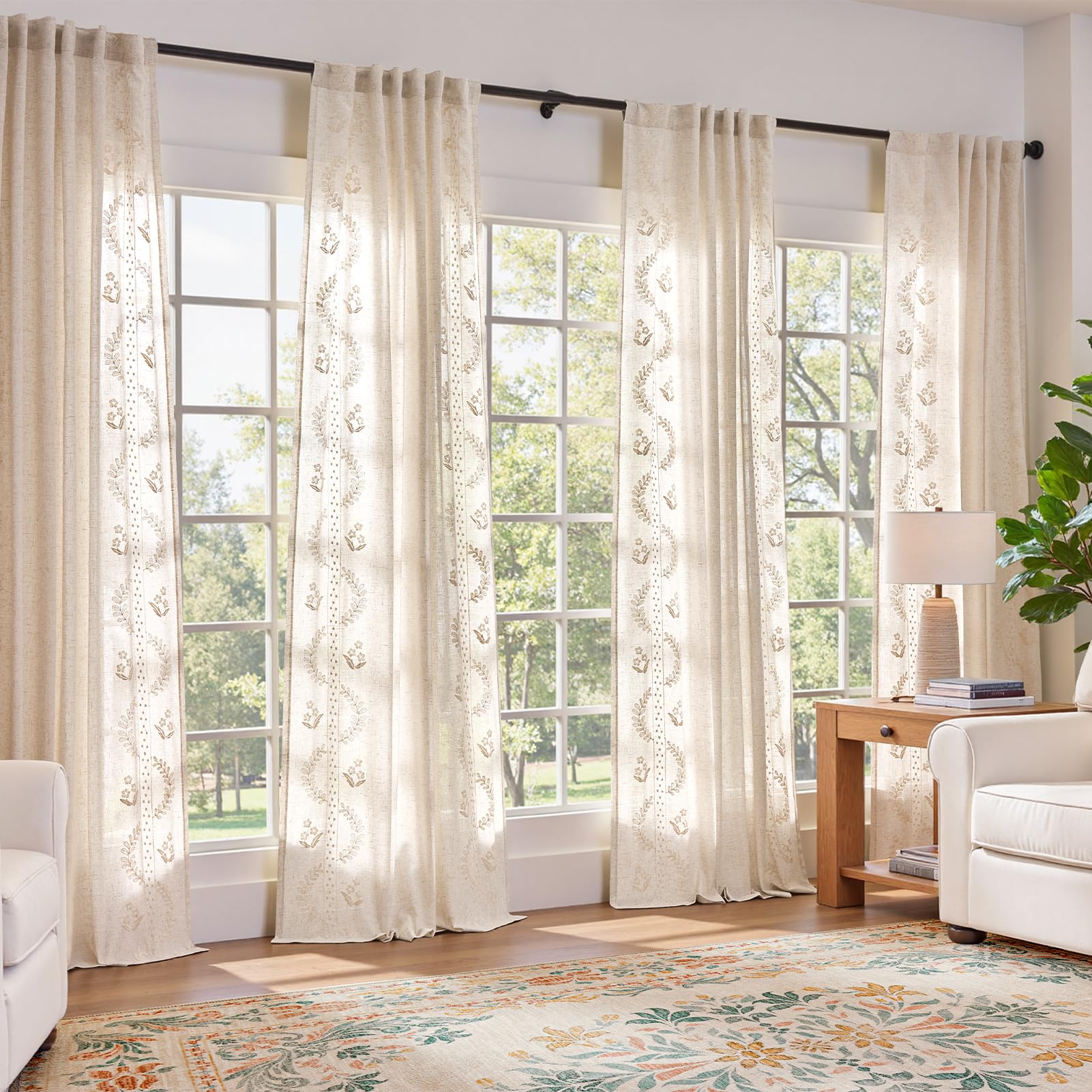 jinchan Floral Linen Curtains 84 Inch Farmhouse Back Tab 2 Panels