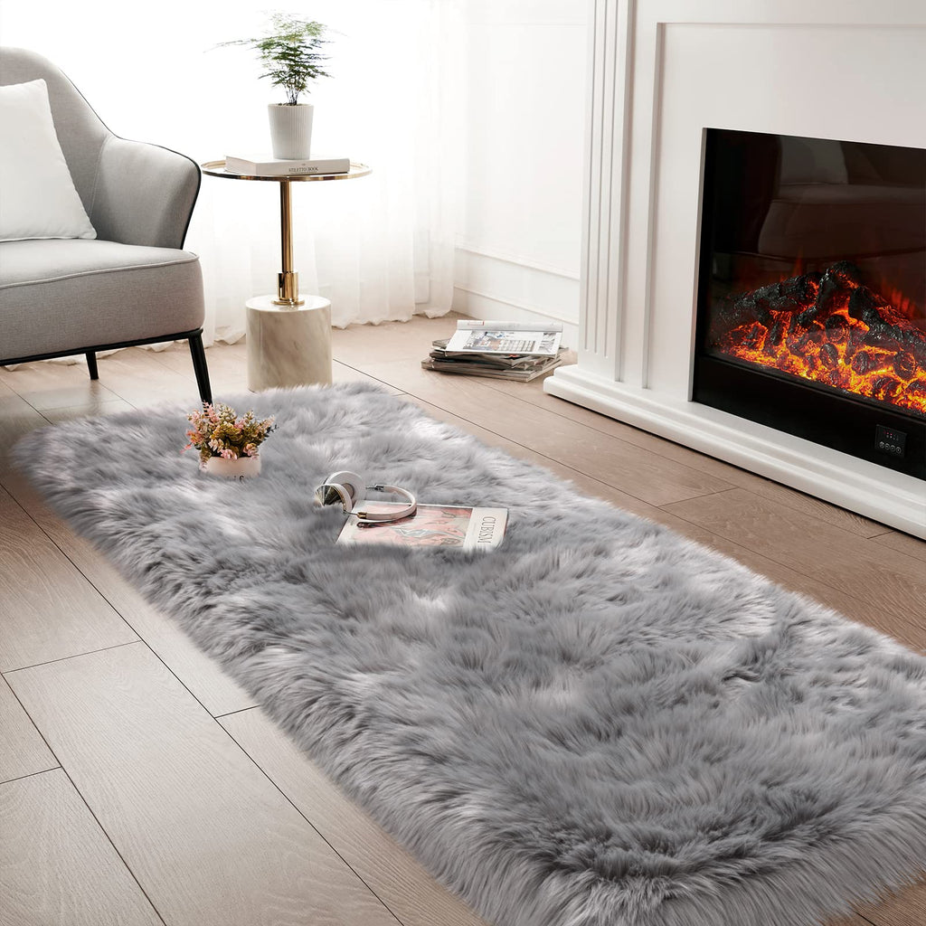 Tangsoo 2x6 Grey Fluffy Faux Fur Runner Rug,Soft Sofa Couch Cover Cushion