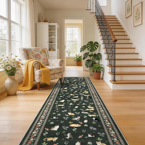 2x10 Washable Hallway Runner Rug: Floral Cat Print Low Pile Rug SageGreen