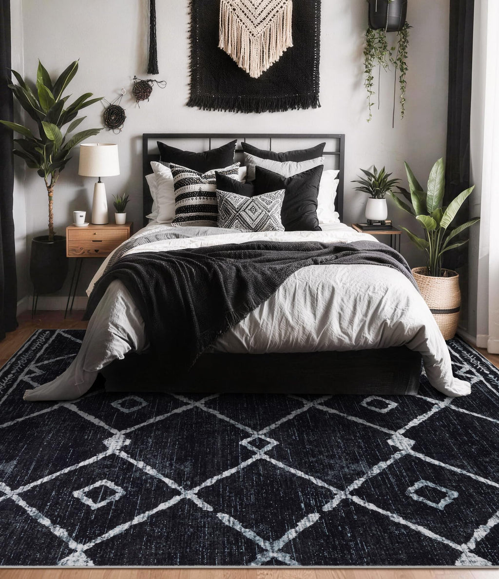 YIHOUSE Moroccan Rugs for Living Room, 8x10 Black and White Aztec Area Rug, Western Geometric Soft Low-Pile Washable Rugs for Bedroom, Dining Room