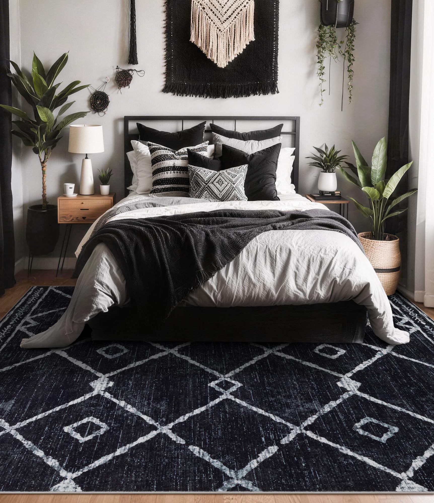 YIHOUSE Moroccan Rugs for Living Room, 8x10 Black and White Aztec Area Rug, Western Geometric Soft Low-Pile Washable Rugs for Bedroom, Dining Room