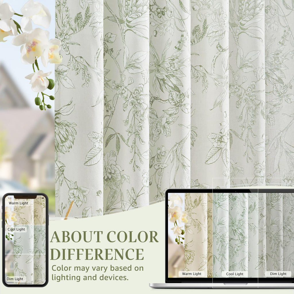 jinchan Green Floral Linen Curtains 84 Inch Farmhouse Rod Pocket 2 Panels