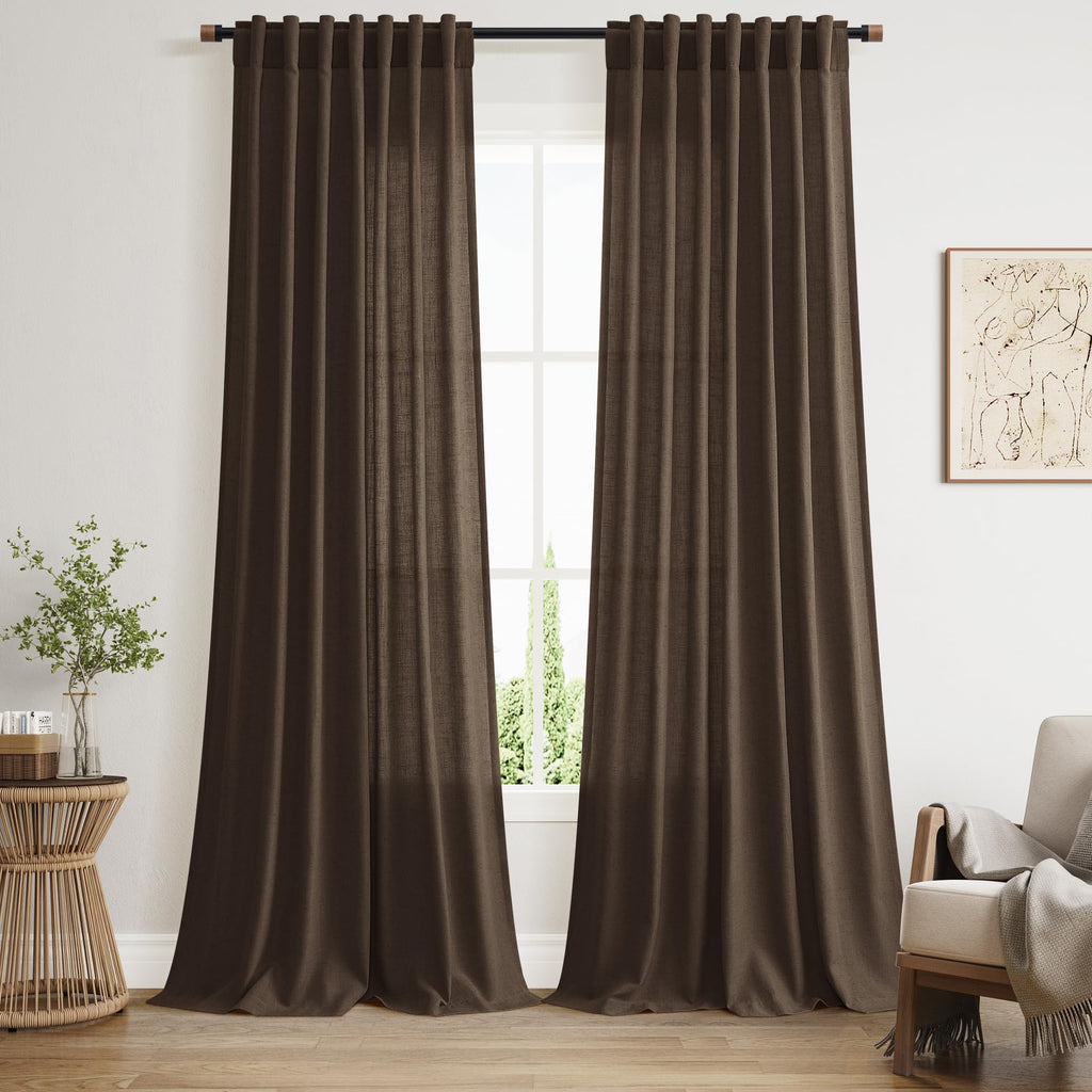 Nanspring Chocolate Linen Blend Light Filtering Back Tab Curtains 96 Inches Long, Semi Sheer Privacy Drapes for Living Room & Bedroom, 52x96 inch, 2 Panels