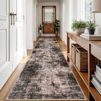 IOHOUZE Abstract Runner Rug 3x12 Ft Washable Runners for Hallways, Non Slip Kitchen Runner Printed Faux Wool Entryway Runner Indoor, Modern Abstract Floor Carpet for Hall Kitchen, Brown/Rust