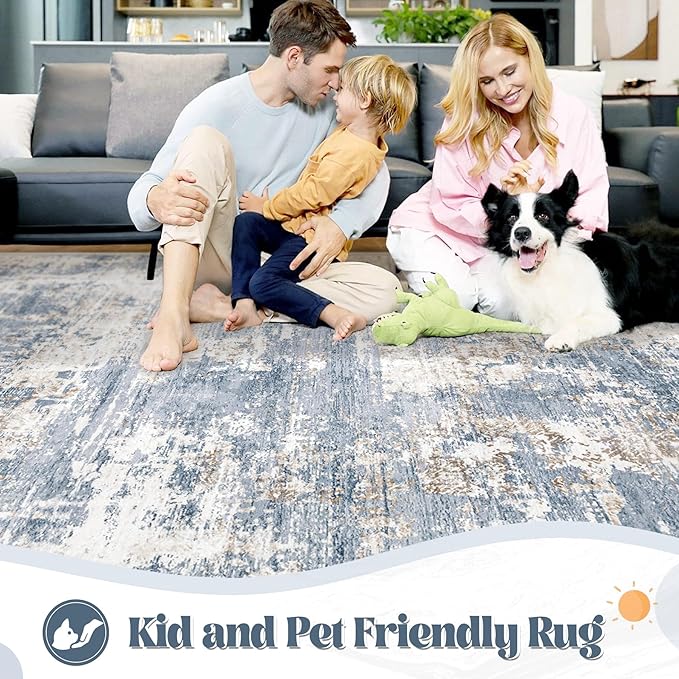 XLUEZ 6x9 Area Rugs for Living Room, Washable Modern Abstract Large Area Rug Neutral Soft Non Slip Kids Rug Stain Resistant Indoor Carpet for Bedroom Nursery Dining Room Playroom(Blue, 6'x9')