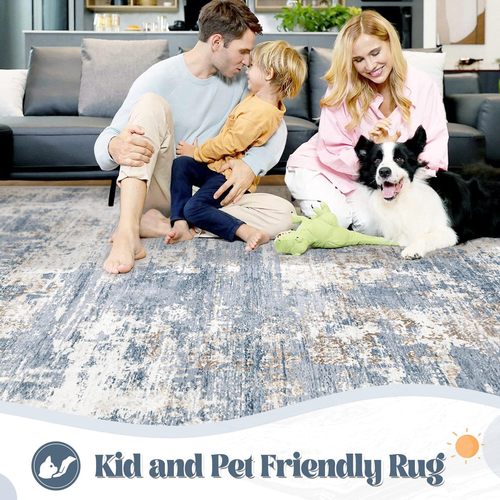 XLUEZ 10x14 Area Rugs for Living Room, Washable Modern Abstract Large Area Rug Neutral Soft Non Slip Kids Rug Stain Resistant Indoor Carpet for Bedroom Dining Room Playroom Home Office(Blue, 10'x14')