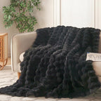COOVA Faux Fur Throw Blanket for Couch, Cozy Soft and Fuzzy Plush Rabbit Fur Bubble Blanket for Sofa Bedroom Living Room, 50x60 Inches Black