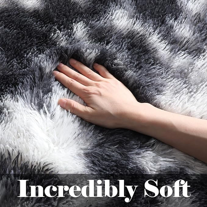 ONASAR Runner Rugs for Bedroom Living Room, Fluffy Black and White 2x6 Bedside Hallway Area Rug, Ultra Soft Plush Furry Faux Fur Non Slip Floor Carpet for Nursery Kids Dorm Closet Home Decor