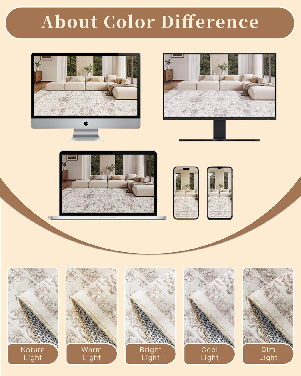Madane 9x12 Area Rugs for Living Room, Washable Natural Rug Brown/Ivory